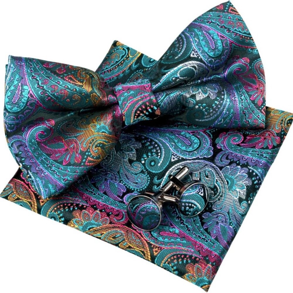 Mens Paisley Bow Tie, Hanky and Cufflinks NEW